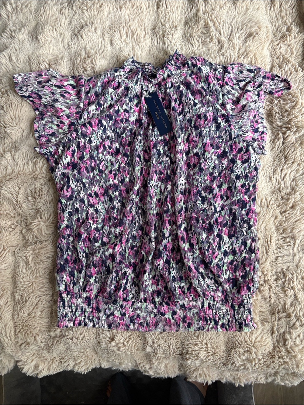Adrienne Vittadini Pink & Black Floral Shirred-Hem Ruffle Sleeve Blouse